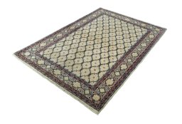 Corner detail of 1970s Hamedan rug showing border pattern and Wool pile