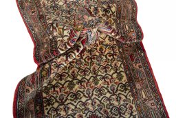 Corner detail of 2000s Hamedan rug showing border pattern and Wool pile