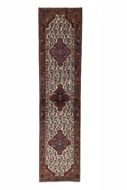 Full view of 2000s Hamedan rug from Iran / Persia, 320 × 76 cm in Beige tones