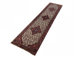 Corner detail of 2000s Hamedan rug showing border pattern and Wool pile