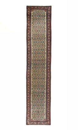 Full view of 2000s Hamedan rug from Iran / Persia, 406 × 85 cm in Beige tones