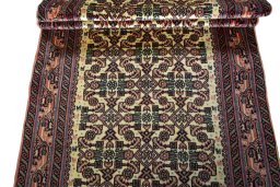 Full view of 2000s Hamedan rug from Iran / Persia, 406 × 85 cm in Beige tones