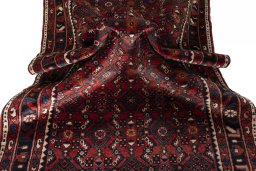 Corner detail of 2000s Hamedan rug showing border pattern and Wool pile
