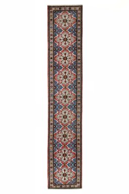 Full view of New Hamedan rug from Iran / Persia, 411 × 80 cm in Red tones