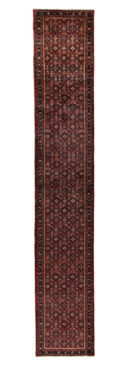 Full view of New Hamedan rug from Iran / Persia, 495 × 86 cm in Red tones
