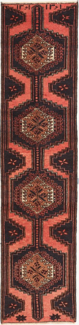 Full view of 1960s Hamedan rug from Iran / Persia, 260 × 63 cm in Red tones