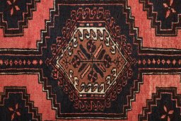 Full view of 1960s Hamedan rug from Iran / Persia, 260 × 63 cm in Red tones