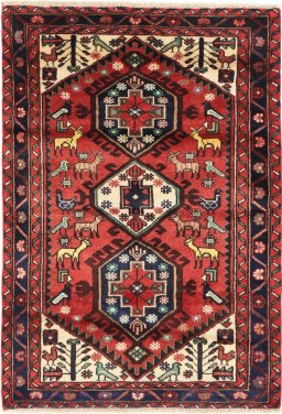 Full view of 1990s Hamedan rug from Iran / Persia, 145 × 100 cm in Red tones