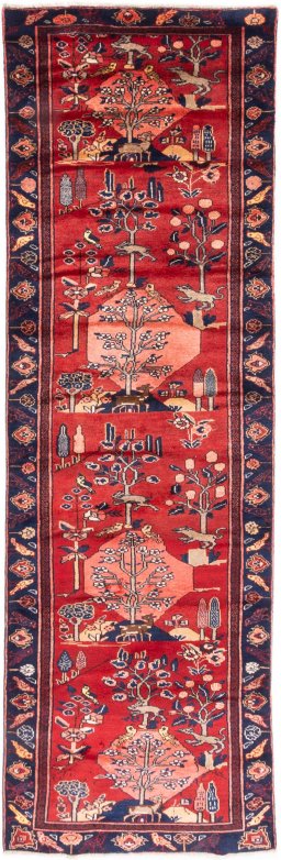 Full view of 1995s Hamedan rug from Iran / Persia, 330 × 100 cm in Red tones