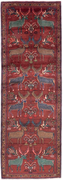 Full view of 1996s Hamedan rug from Iran / Persia, 285 × 97 cm in Red tones