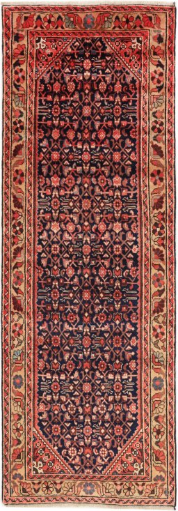 Full view of 1980s Hamedan rug from Iran / Persia, 305 × 102 cm in Dark blue tones
