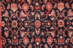 Full view of 1980s Hamedan rug from Iran / Persia, 305 × 102 cm in Dark blue tones