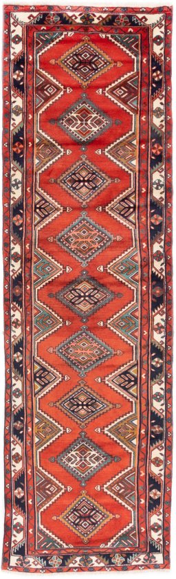 Full view of 1985s Hamedan rug from Iran / Persia, 310 × 88 cm in Red tones