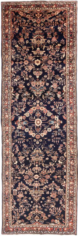 Full view of 2001s Hamedan rug from Iran / Persia, 410 × 133 cm in Dark blue tones