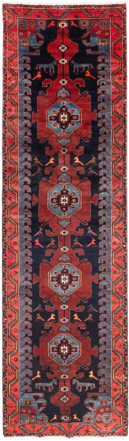 Full view of 1999s Hamedan rug from Iran / Persia, 390 × 110 cm in Dark blue tones
