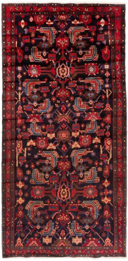 Full view of 1990s Hamedan rug from Iran / Persia, 297 × 143 cm in Dark blue tones