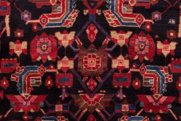 Full view of 1990s Hamedan rug from Iran / Persia, 297 × 143 cm in Dark blue tones