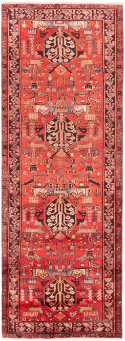 Full view of 1991s Hamedan rug from Iran / Persia, 297 × 118 cm in Red tones