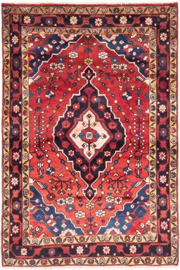 Full view of 1970s Hamedan rug from Iran / Persia, 165 × 110 cm in Red tones