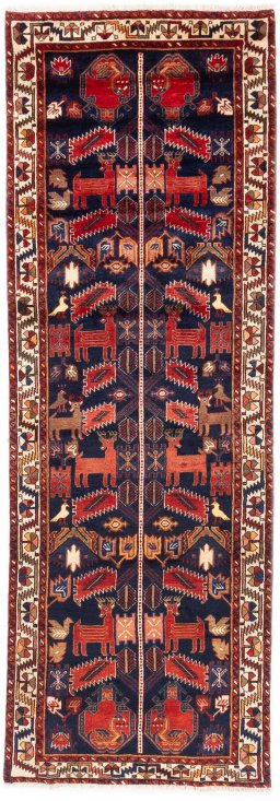 Full view of 1970s Hamedan rug from Iran / Persia, 300 × 103 cm in Dark blue tones