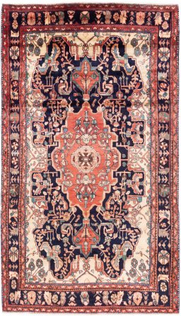Full view of 1980s Hamedan rug from Iran / Persia, 300 × 170 cm in Dark blue tones
