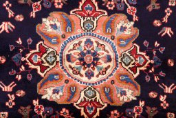 Full view of 1998s Hamedan rug from Iran / Persia, 330 × 152 cm in Dark blue tones