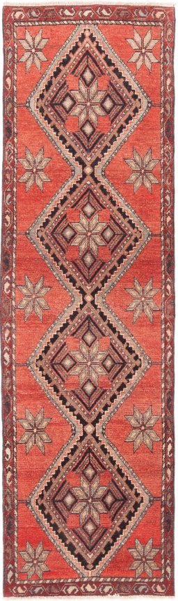 Full view of 1975s Hamedan rug from Iran / Persia, 265 × 75 cm in Red tones