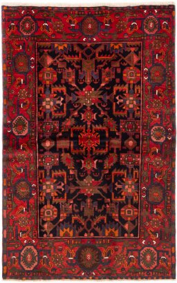 Full view of 1975s Hamedan rug from Iran / Persia, 207 × 134 cm in Multi Color tones