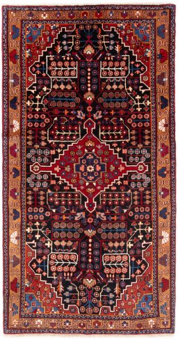 Full view of 1975s Hamedan rug from Iran / Persia, 246 × 130 cm in Multi Color tones