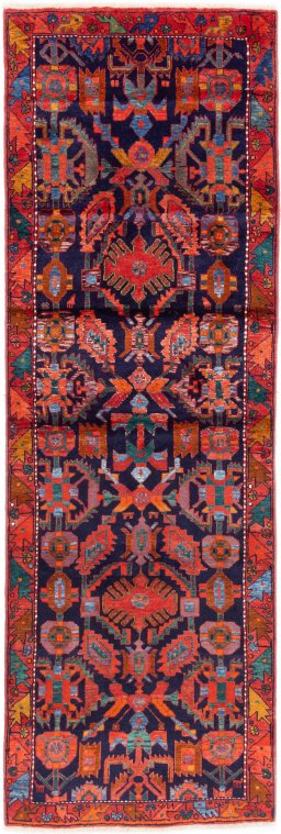 Full view of 1999s Hamedan rug from Iran / Persia, 307 × 100 cm in Multi Color tones