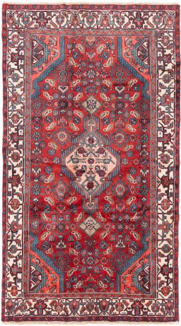 Full view of 1975s Hamedan rug from Iran / Persia, 254 × 140 cm in Red tones