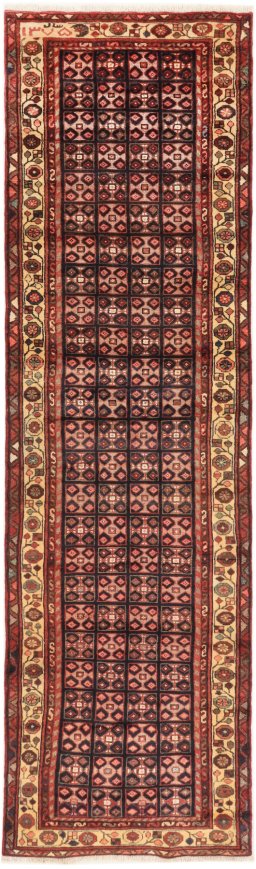 Full view of 1990s Hamedan rug from Iran / Persia, 310 × 88 cm in Dark blue tones