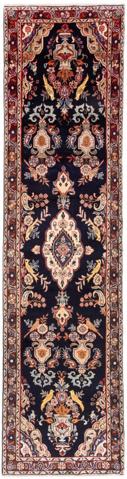 Full view of 1984s Hamedan rug from Iran / Persia, 360 × 90 cm in Dark blue tones