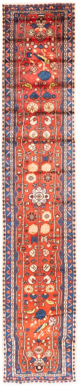 Full view of 1975s Hamedan rug from Iran / Persia, 316 × 61 cm in Red tones