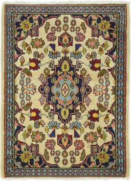 Full view of 1990s Hamedan rug from Iran / Persia, 85 × 60 cm in Beige tones
