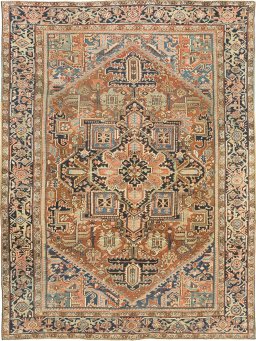 Full view of 1920s Heriz rug from Iran / Persia, 367 × 278 cm in Red tones