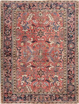 Full view of 1920s Heriz rug from Iran / Persia, 277 × 210 cm in Red tones