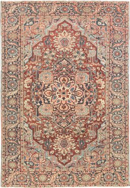 Full view of 1920s Heriz rug from Iran / Persia, 275 × 188 cm in Dark red tones