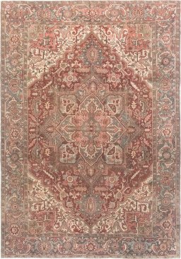 Full view of 1930s Heriz rug from Iran / Persia, 370 × 265 cm in Red tones