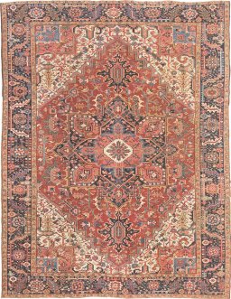 Full view of 1930s Heriz rug from Iran / Persia, 368 × 284 cm in Red tones