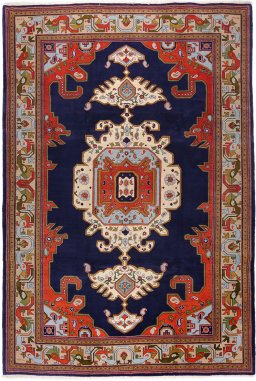 Full view of 1990s Heriz rug from Iran / Persia, 317 × 218 cm in Dark blue tones