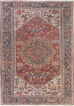 Full view of 1920s Heriz rug from Iran / Persia, 462 × 328 cm in Red tones
