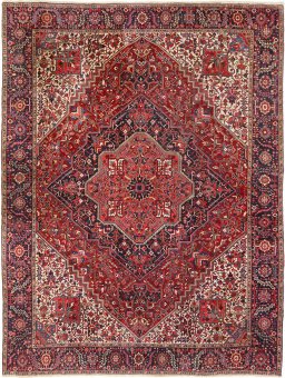 Full view of 1940s Heriz rug from Iran / Persia, 467 × 336 cm in Dark red tones