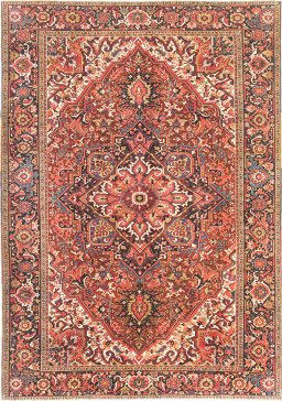 Full view of 1940s Heriz rug from Iran / Persia, 420 × 297 cm in Dark red tones