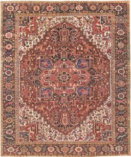 Full view of 1940s Heriz rug from Iran / Persia, 388 × 327 cm in Dark red tones