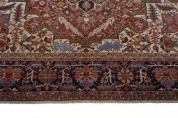 Full view of 1930s Heriz rug from Iran / Persia, 366 × 300 cm in Red tones