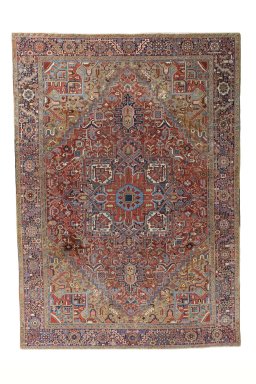 Full view of 1930s Heriz rug from Iran / Persia, 438 × 310 cm in Red tones