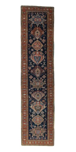 Full view of 1930s Heriz rug from Iran / Persia, 422 × 102 cm in Blue tones