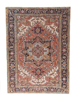 Full view of 1930s Heriz rug from Iran / Persia, 347 × 255 cm in Red tones