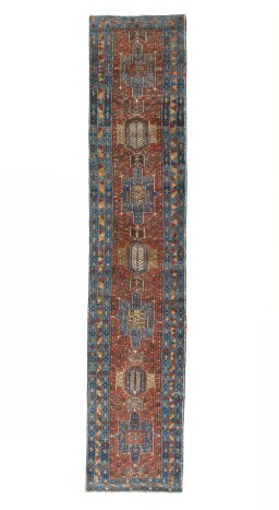 Full view of 1930s Heriz rug from Iran / Persia, 446 × 92 cm in Red tones